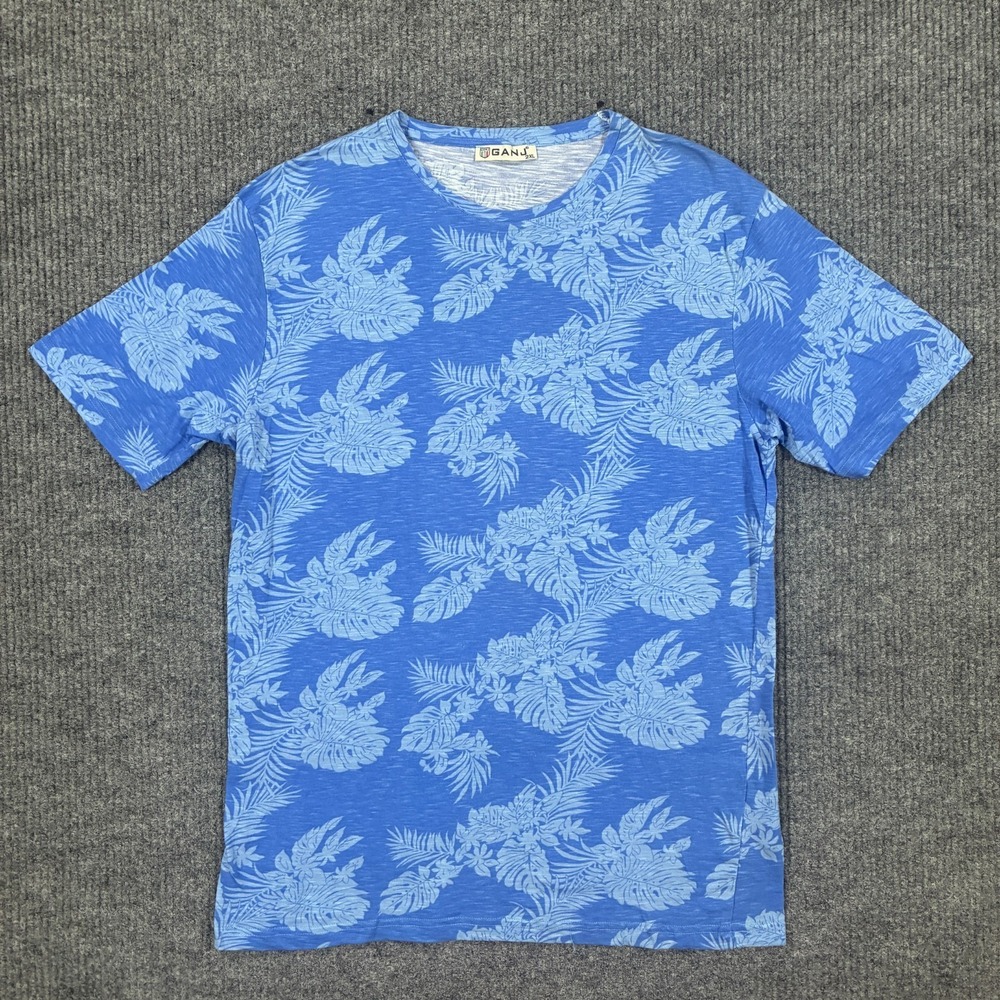 GANJ Mens Size 2XL Blue Tropical Floral Hawaiian Print T Shirt Short Sleeve Tee
